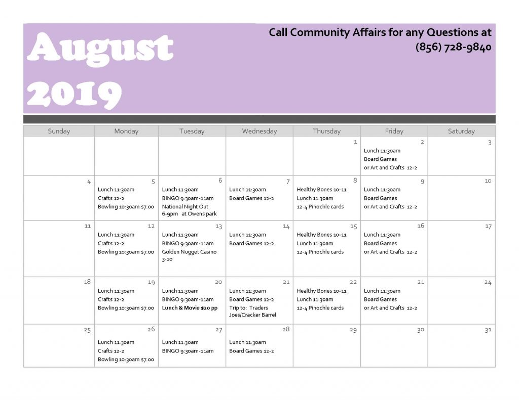 August Senior Calendar Monroe Township Parks and Recreation